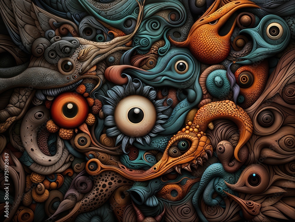Intricate Abstract Art with Surreal Eye and Organic Shapes in Vivid Colors Intricate Abstract Art with Surreal Eye and Organic Shapes in Vivid Colors
