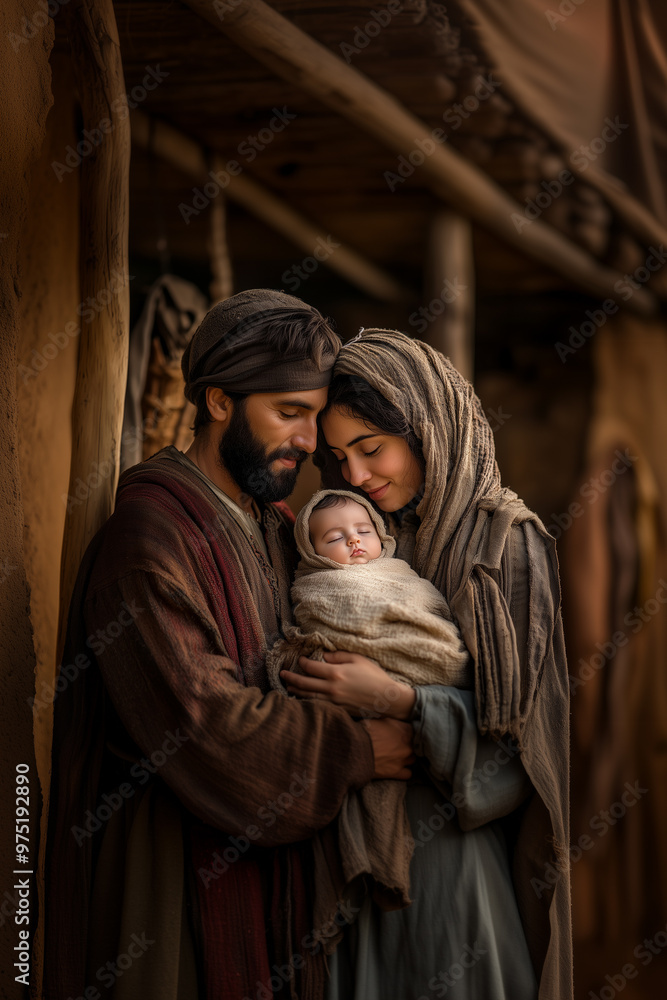 Naklejka premium Mary and Joseph holding baby Jesus in a manger, humble Jewish couple from the 1st century AD