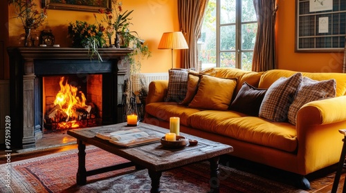 Cozy living room with a fireplace plush sofa