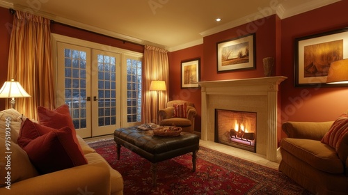 Cozy reading nook with a comfortable armchair bookshelves 