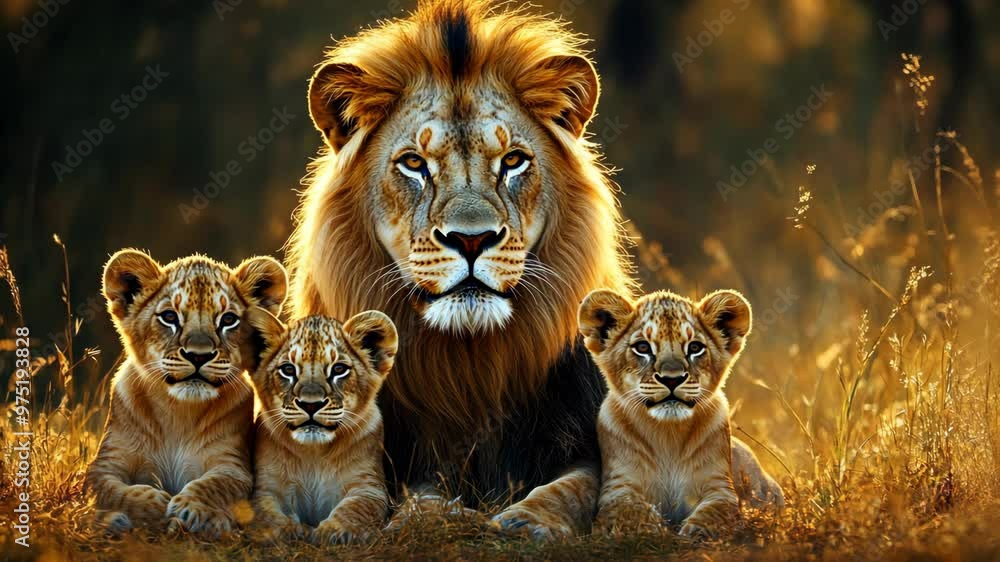 Majestic lion and playful cubs bask in golden light during a tranquil evening in the savannah Majestic lion and playful cubs bask in golden light during a tranquil evening in the savannah