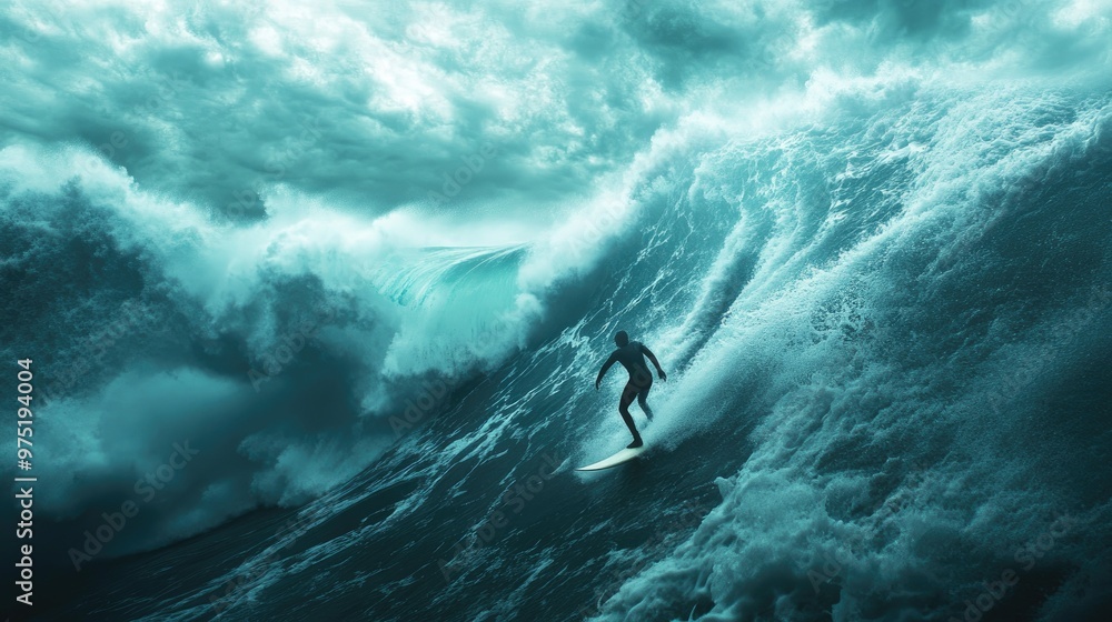 Dynamic action shot of a person surfing on a large wave in an ocean setting Dynamic action shot of a person surfing on a large wave in an ocean setting