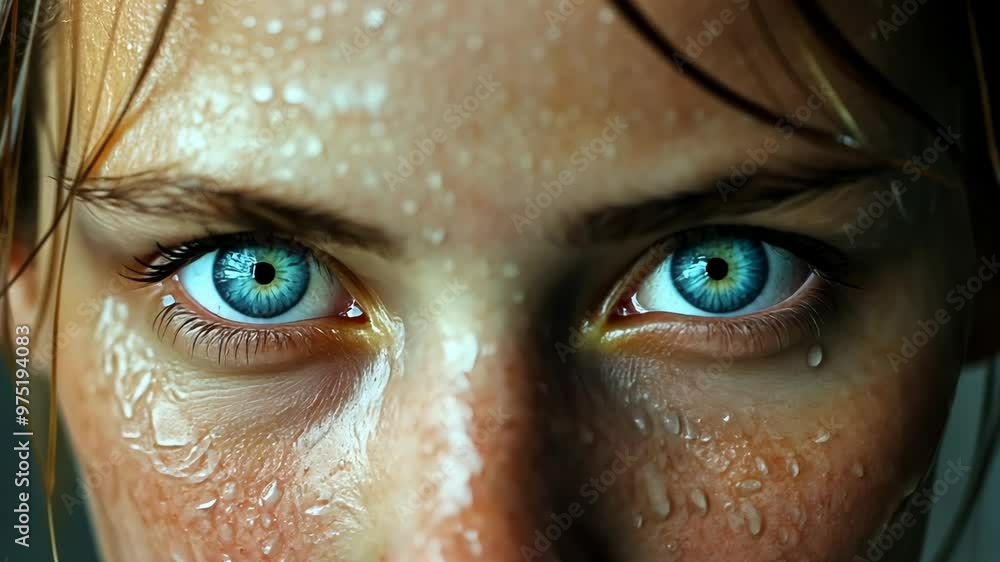 Captivating close-up of a woman with striking blue eyes and glistening skin after a refreshing swim in natural light Captivating close-up of a woman with striking blue eyes and glistening skin after a refreshing swim in natural light