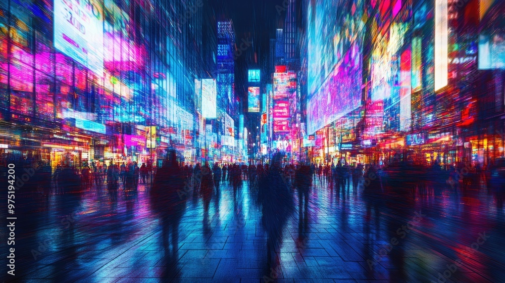 Dynamic cityscape with busy streets colorful neon signs Dynamic cityscape with busy streets colorful neon signs