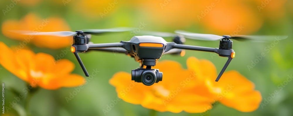 Drone flying over yellow flowers in a field.