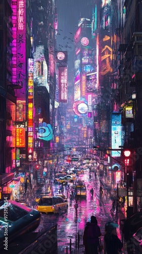 Dynamic cityscape with busy streets colorful neon signs 