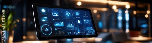 Closeup of a tablet screen displaying a user interface with various icons and graphs.