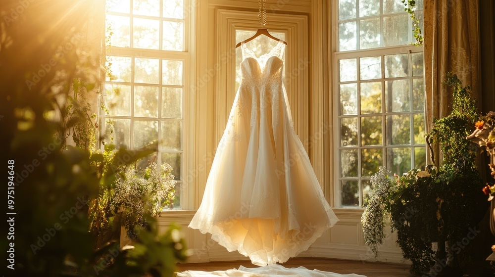 Elegant bridal gown hanging in a beautiful Elegant bridal gown hanging in a beautiful