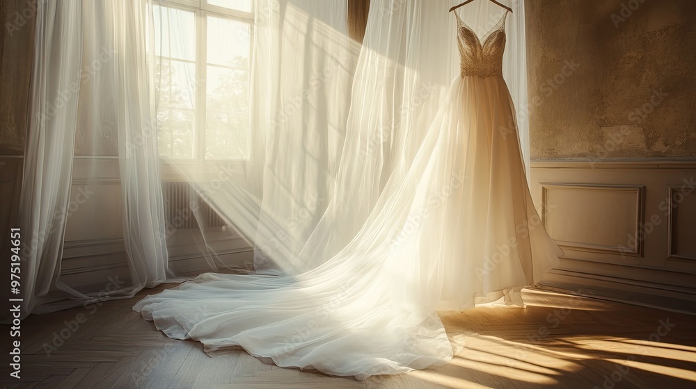 Elegant bridal gown hanging in a beautiful Elegant bridal gown hanging in a beautiful