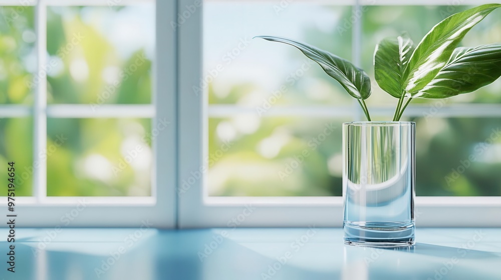 A single green plant in a glass vase on a windowsill with a blurred background. A single green plant in a glass vase on a windowsill with a blurred background.