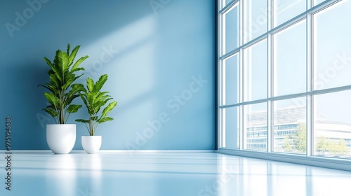 Minimalist blue room with large window and potted plants.