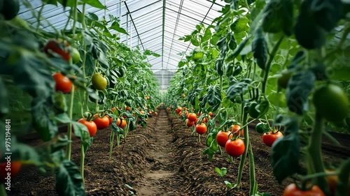 Growing ripe tomatoes in a greenhouse during the summer season at a local farm