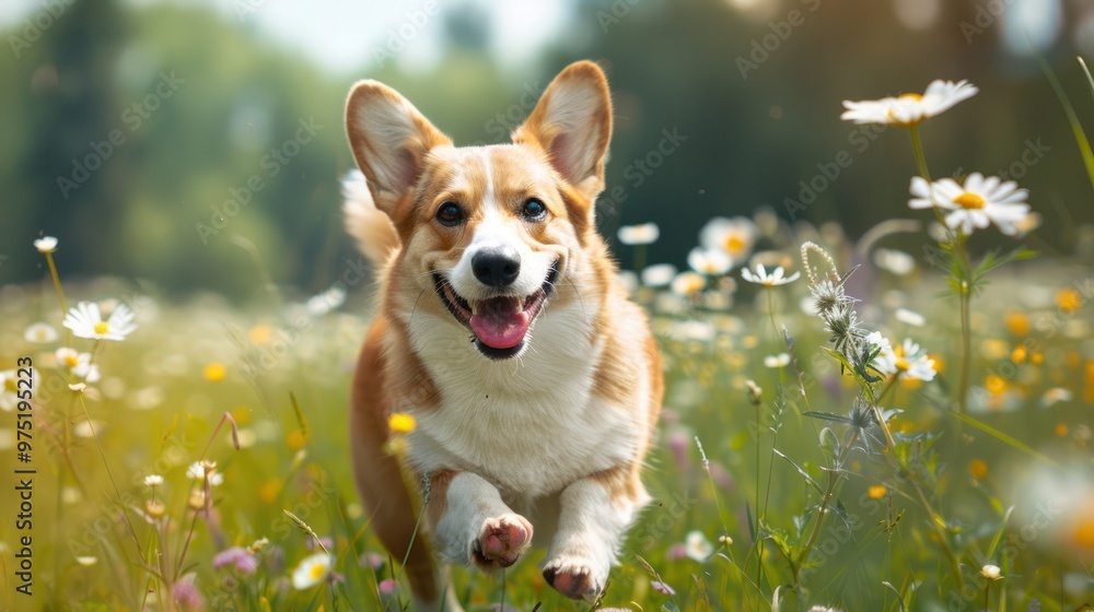 A Pembroke Welsh Corgi running through a field of wildflowers A Pembroke Welsh Corgi running through a field of wildflowers