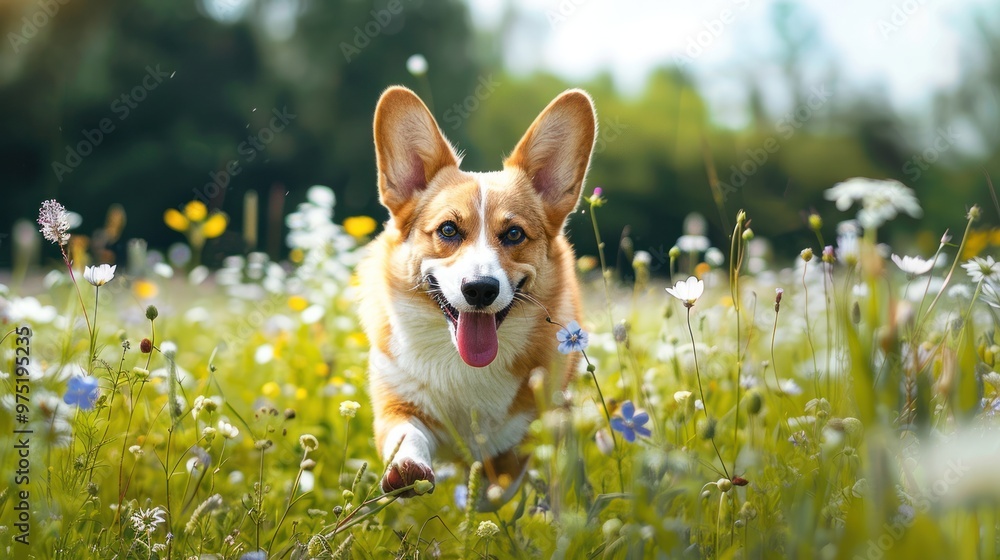 A Pembroke Welsh Corgi running through a field of wildflowers A Pembroke Welsh Corgi running through a field of wildflowers