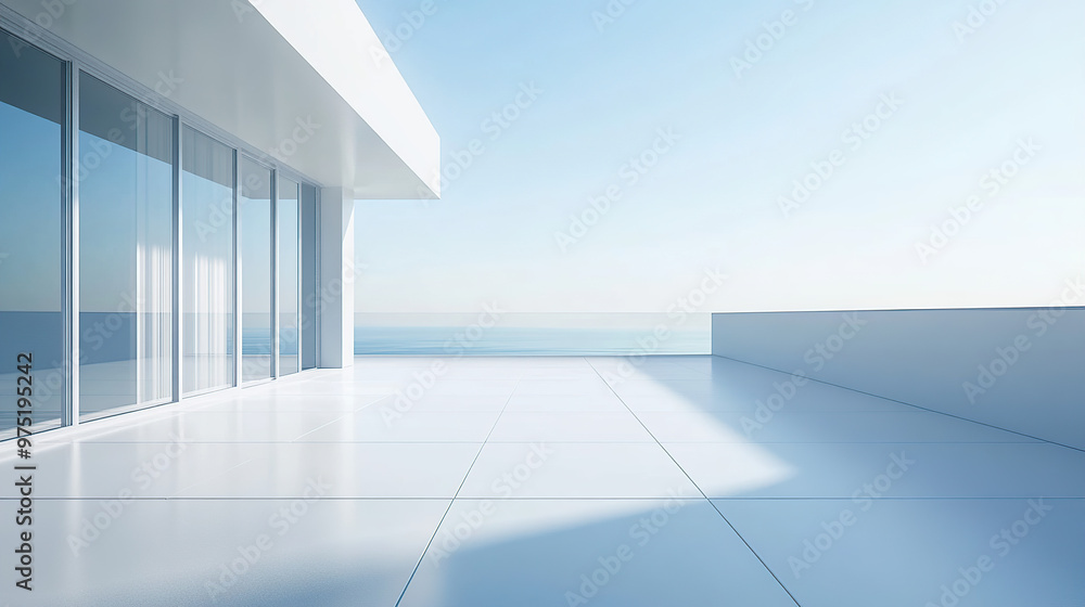 Minimalist white empty rooftop with floor, clear sky, panoramic view Minimalist white empty rooftop with floor, clear sky, panoramic view
