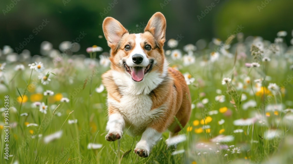 A Pembroke Welsh Corgi running through a field of wildflowers A Pembroke Welsh Corgi running through a field of wildflowers