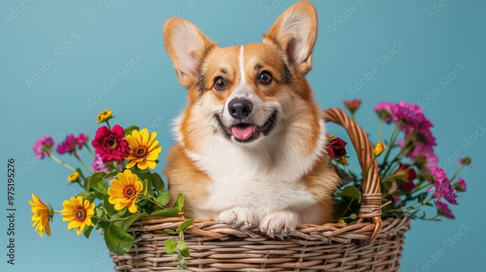 A Pembroke Welsh Corgi sitting in a basket of flowers A Pembroke Welsh Corgi sitting in a basket of flowers