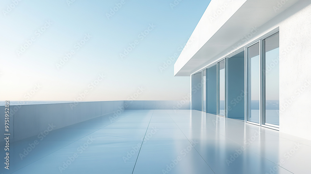 Minimalist white empty rooftop with floor, clear sky, panoramic view Minimalist white empty rooftop with floor, clear sky, panoramic view