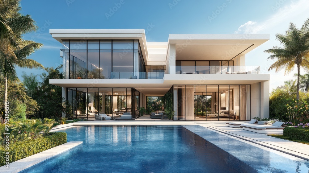 Modern luxury villa with a pool surrounded by tropical landscaping. Modern luxury villa with a pool surrounded by tropical landscaping.