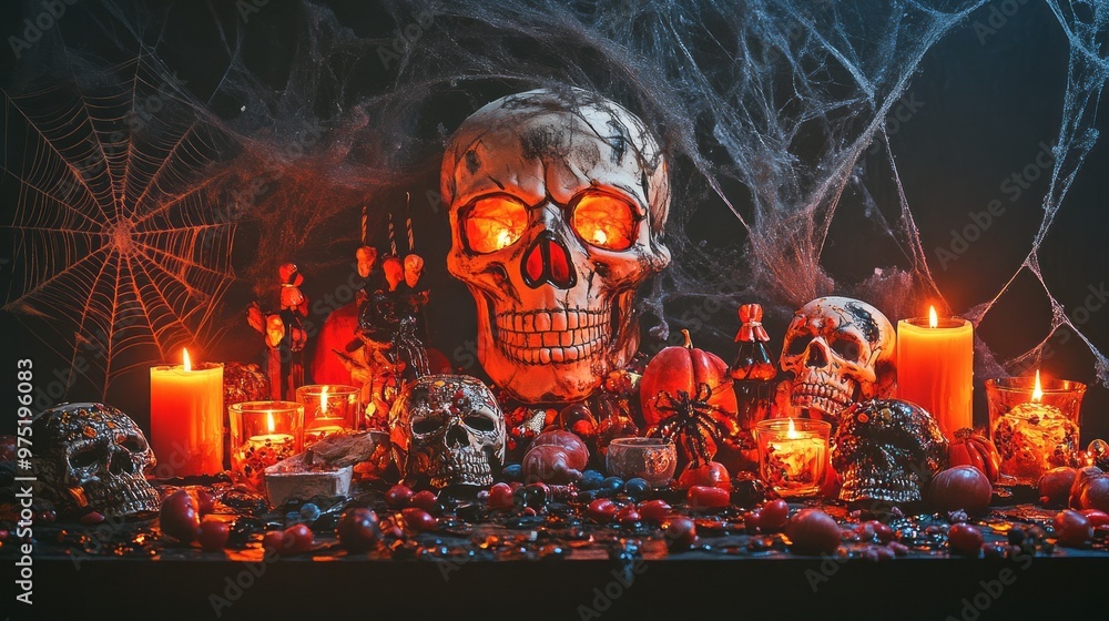 Spooktacular 3D Halloween Candy Table: Skulls, Spiderwebs, and Glowing Candles Spooktacular 3D Halloween Candy Table: Skulls, Spiderwebs, and Glowing Candles