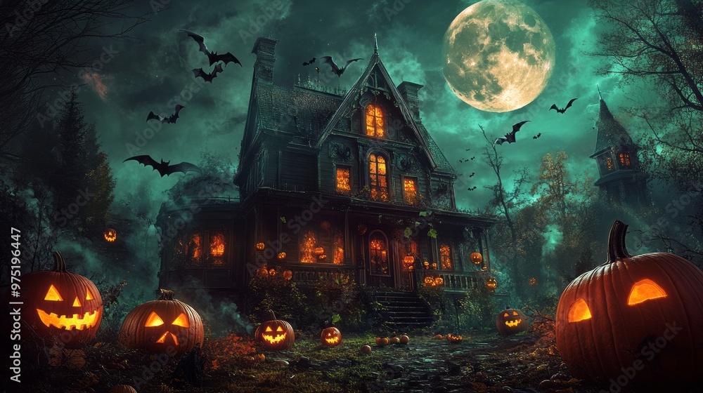 Haunted House Halloween: Full Moon, Pumpkins & Bats Haunted House Halloween: Full Moon, Pumpkins & Bats