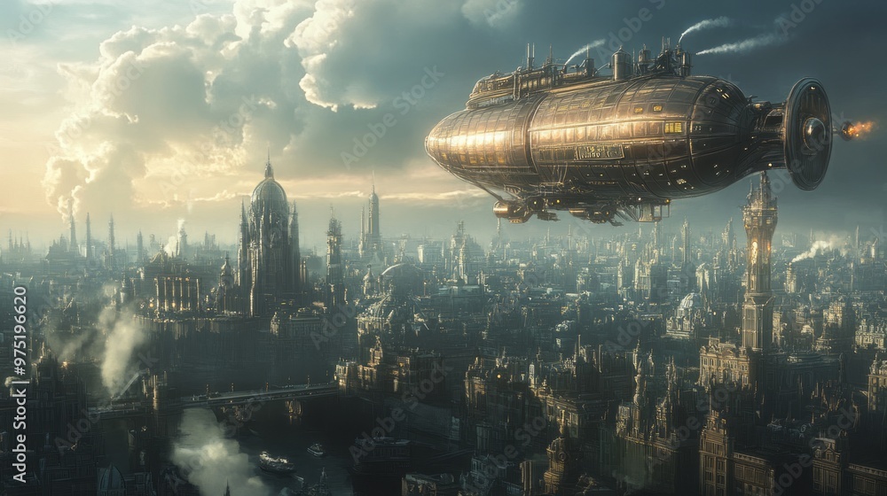 Steampunk Airship Soars Over Futuristic Cityscape: A Blend of Old and New 1 Steampunk Airship Soars Over Futuristic Cityscape: A Blend of Old and New 1