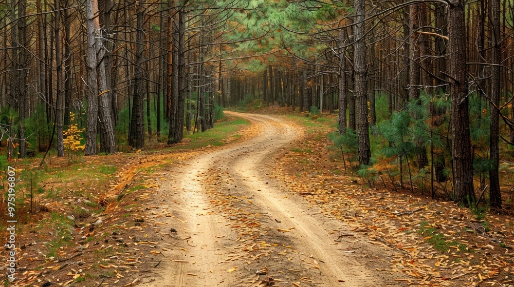 A rustic dirt road meandering through a pine forest, with fallen leaves and pine needles scattered along the path. A rustic dirt road meandering through a pine forest, with fallen leaves and pine needles scattered along the path.