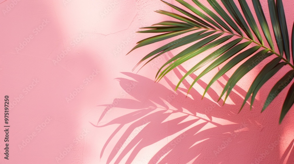 A serene palm leaf shadow serenely resting on a petal pink wall, evoking a sense of peace and tranquility. A serene palm leaf shadow serenely resting on a petal pink wall, evoking a sense of peace and tranquility.