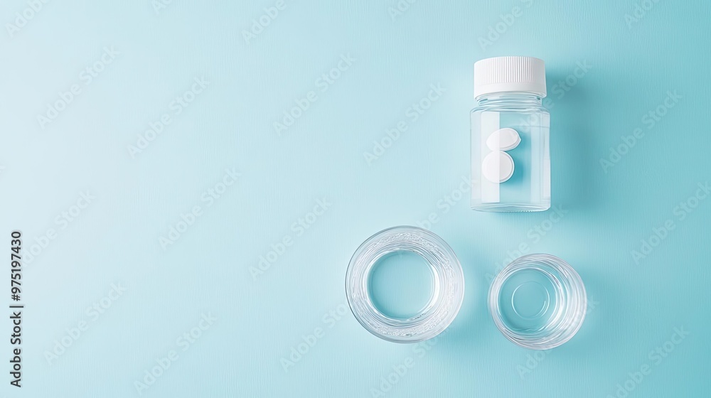 Clear containers with pills on a pastel blue background, ideal for healthcare, medication, or wellness-themed projects. Clear containers with pills on a pastel blue background, ideal for healthcare, medication, or wellness-themed projects.