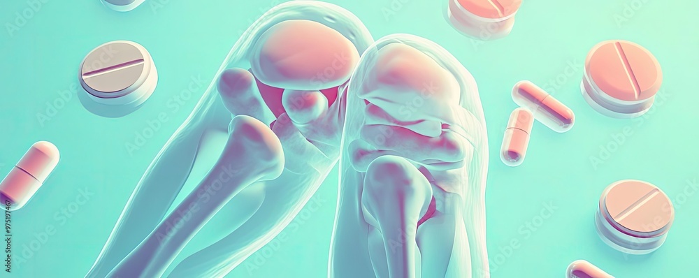 custom made wallpaper toronto digitalAn anatomical illustration showing knees with pills in a vibrant, artistic style, emphasizing the relationship between joints and medication.