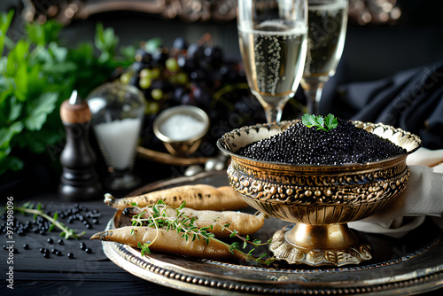 black caviar in a golden bowl on a white plate, a crudites dish with butter and herbs, a silver tray with glasses of champagne, a salt shaker, a vintage napkin for luxury dinner