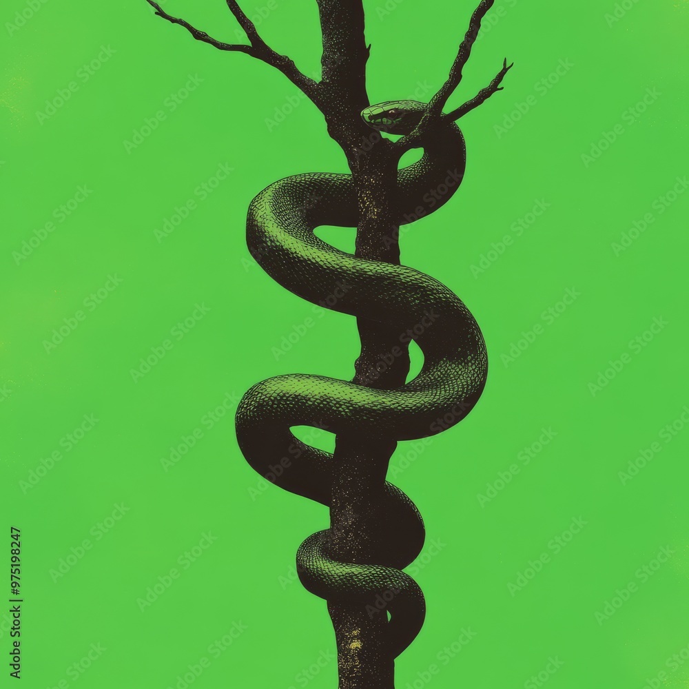 A modern and sleek digital illustration of a snake coiled around a tree branch symbolizing growth and renewal with a gradient of emerald green shades and metallic gold accents A modern and sleek digital illustration of a snake coiled around a tree branch symbolizing growth and renewal with a gradient of emerald green shades and metallic gold accents