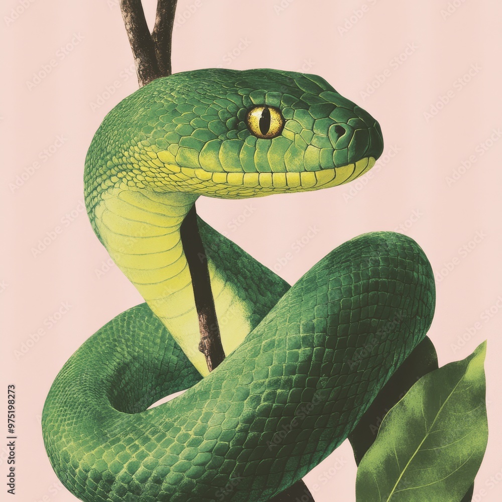 Fototapeta premium A modern and sleek digital illustration of a snake coiled around a tree branch symbolizing growth and renewal with a gradient of emerald green shades and metallic gold accents