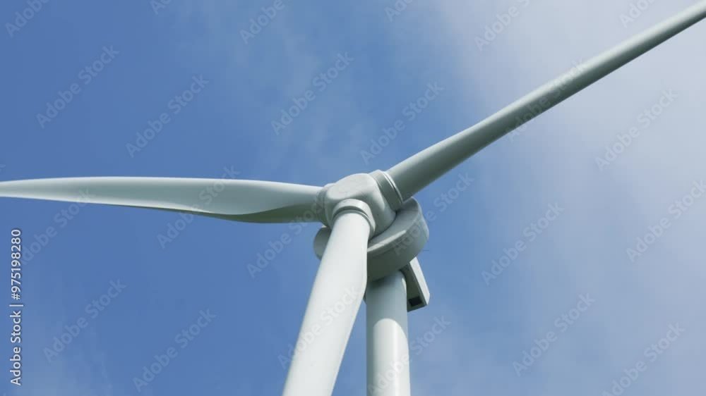 Close up Shot of a Wind Turbine against blue sky Rotating and Generating Green Ecological Energy for the Good of the Planet. Windmill Producing Clean Renewable Energy. Close up Shot of a Wind Turbine against blue sky Rotating and Generating Green Ecological Energy for the Good of the Planet. Windmill Producing Clean Renewable Energy.