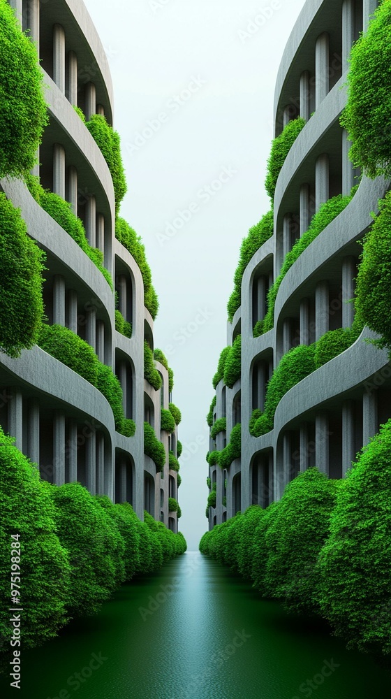 A serene view of modern architecture featuring lush greenery enveloping buildings in a harmonious urban setting. A serene view of modern architecture featuring lush greenery enveloping buildings in a harmonious urban setting.