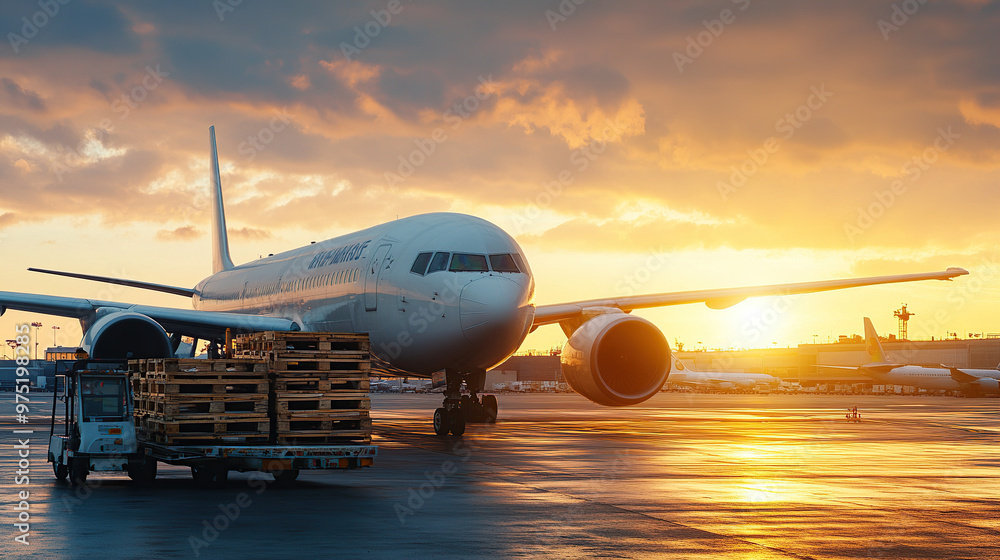 Airplane cargo being unloaded on the airport tarmac, a white airplane with cargo boxes loading from a truck at sunset Airplane cargo being unloaded on the airport tarmac, a white airplane with cargo boxes loading from a truck at sunset