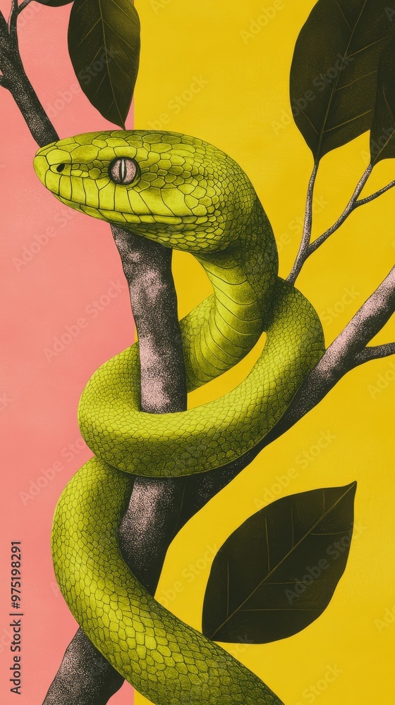 Fototapeta premium A modern and sleek digital illustration of a snake coiled around a tree branch symbolizing growth and renewal with a gradient of emerald green shades and metallic gold accents