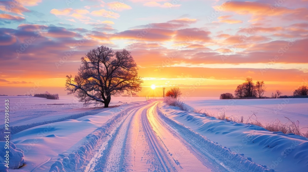 A snow-covered road at sunset, with the sky ablaze with color A snow-covered road at sunset, with the sky ablaze with color