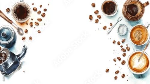 International Coffee Day: A Watercolor Flat Lay of Coffee Beans, Cups, and Brewing Equipment