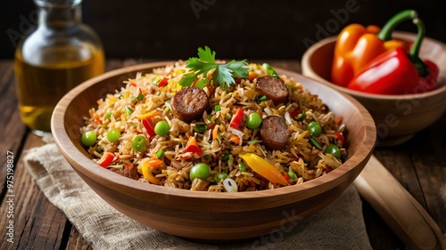 leonardo kino xl cajun fried rice spiced with cajun seasoning served aesthetically in a wooden bowl and table