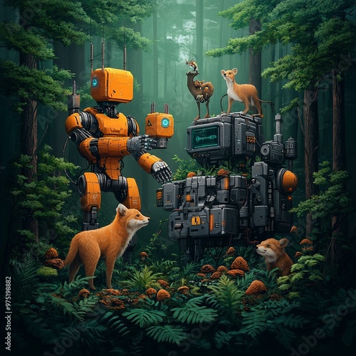 A whimsical scene in a lush forest showcasing a robot interacting with animals amidst vibrant flora and intriguing machinery. photo