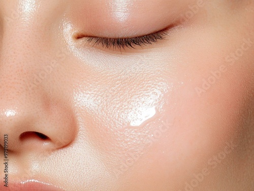 Close-up of a moisturized face with a radiant glow and healthy skin texture, showcasing skincare and beauty treatments.