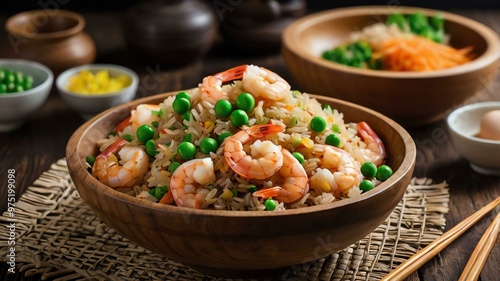 leonardo kino xl shrimp fried rice a traditional mix of rice served aesthetically in a wooden bowl and table