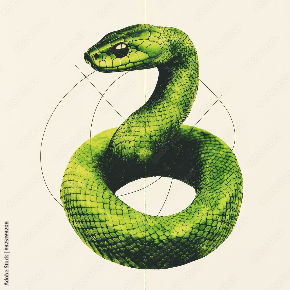 Fototapeta premium A modern and sleek digital illustration of a snake coiled in a circle with geometric patterns and shapes in the background symbolizing harmony and balance with green and gold metallic accents