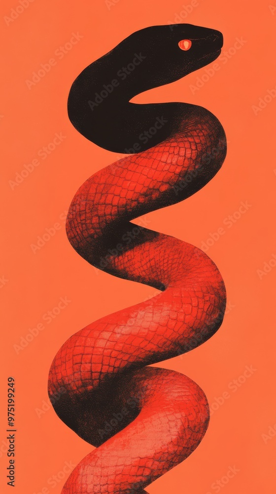 A modern and sleek digital illustration of a snake coiled in a double helix symbolizing energy and life force with a gradient of fiery red and orange shades with metallic copper accents A modern and sleek digital illustration of a snake coiled in a double helix symbolizing energy and life force with a gradient of fiery red and orange shades with metallic copper accents