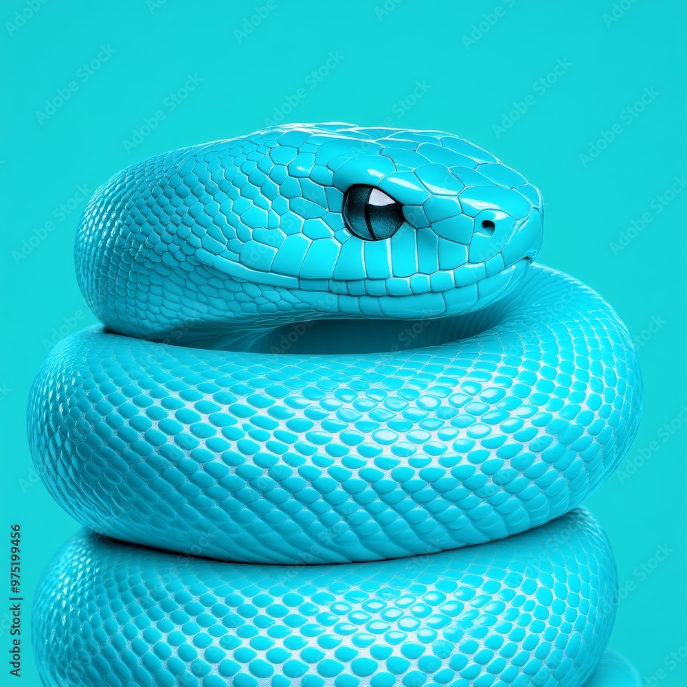Fototapeta premium A modern and sleek digital illustration of a snake coiled in a spiral symbolizing harmony and tranquility with a gradient of cool teal shades and metallic steel accents
