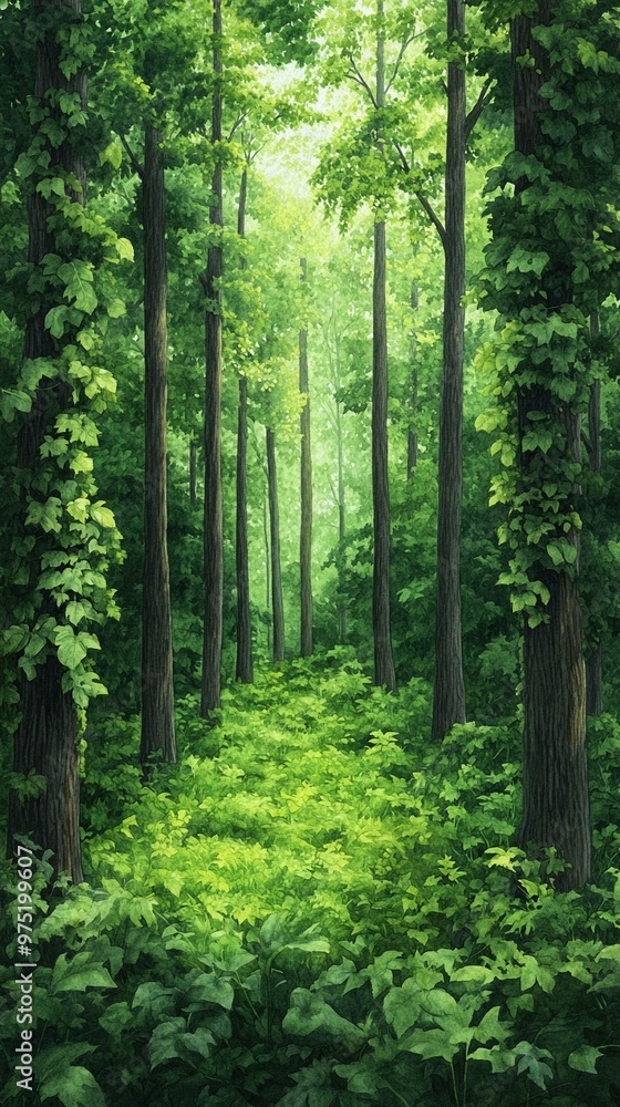 Serene forest scene with tall trees and lush greenery, perfect for evoking peace and tranquility in nature-based projects. Serene forest scene with tall trees and lush greenery, perfect for evoking peace and tranquility in nature-based projects.