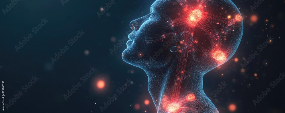 A digital representation of a human head, illustrating the neural connections and energy flow within the brain. A digital representation of a human head, illustrating the neural connections and energy flow within the brain.