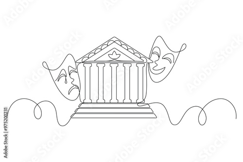 Theater with columns and masks drawn in one continuous line, tragedy and humor, joy and sadness, symbol of theatrical art. Editable vector outline