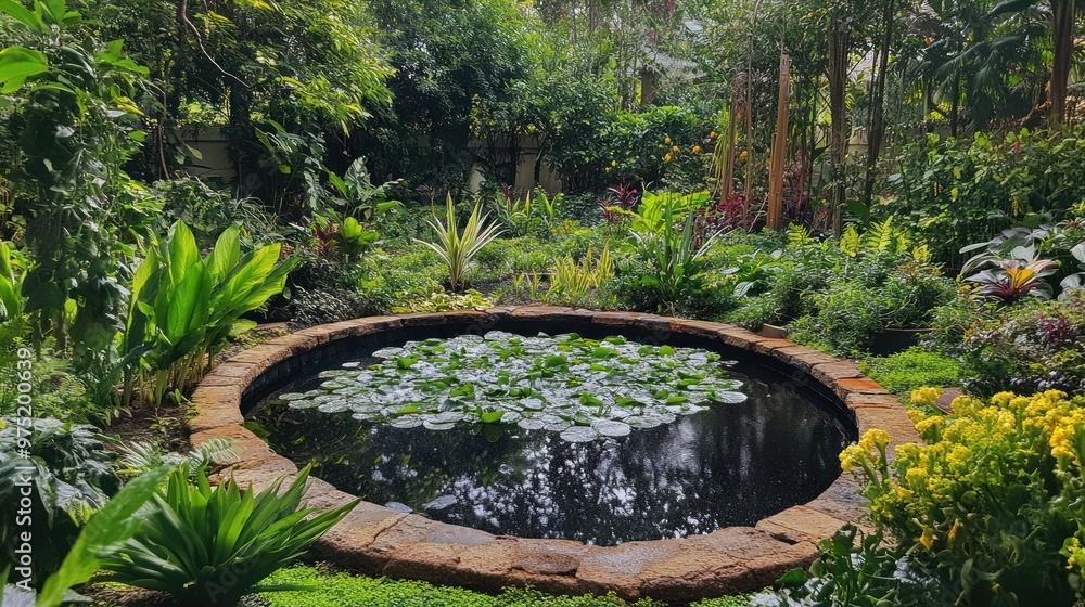 small pond garden with green plants small pond garden with green plants
